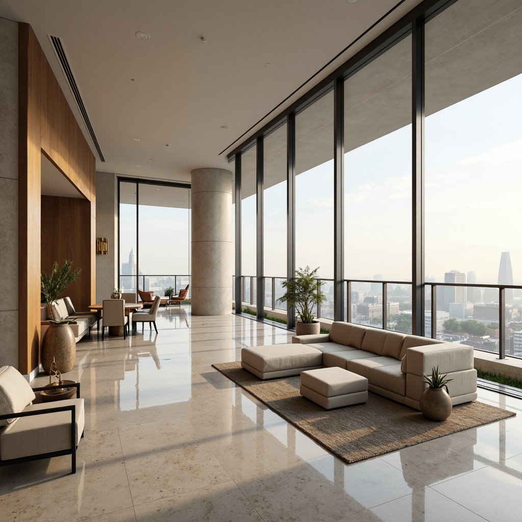 Prompt: Luxurious penthouse, modern minimalist style, sleek glass walls, metallic accents, neutral color scheme, creamy whites, rich grays, warm beiges, subtle gold tones, marble flooring, high ceilings, floor-to-ceiling windows, panoramic city views, soft warm lighting, 1/1 composition, realistic reflections, ambient occlusion.