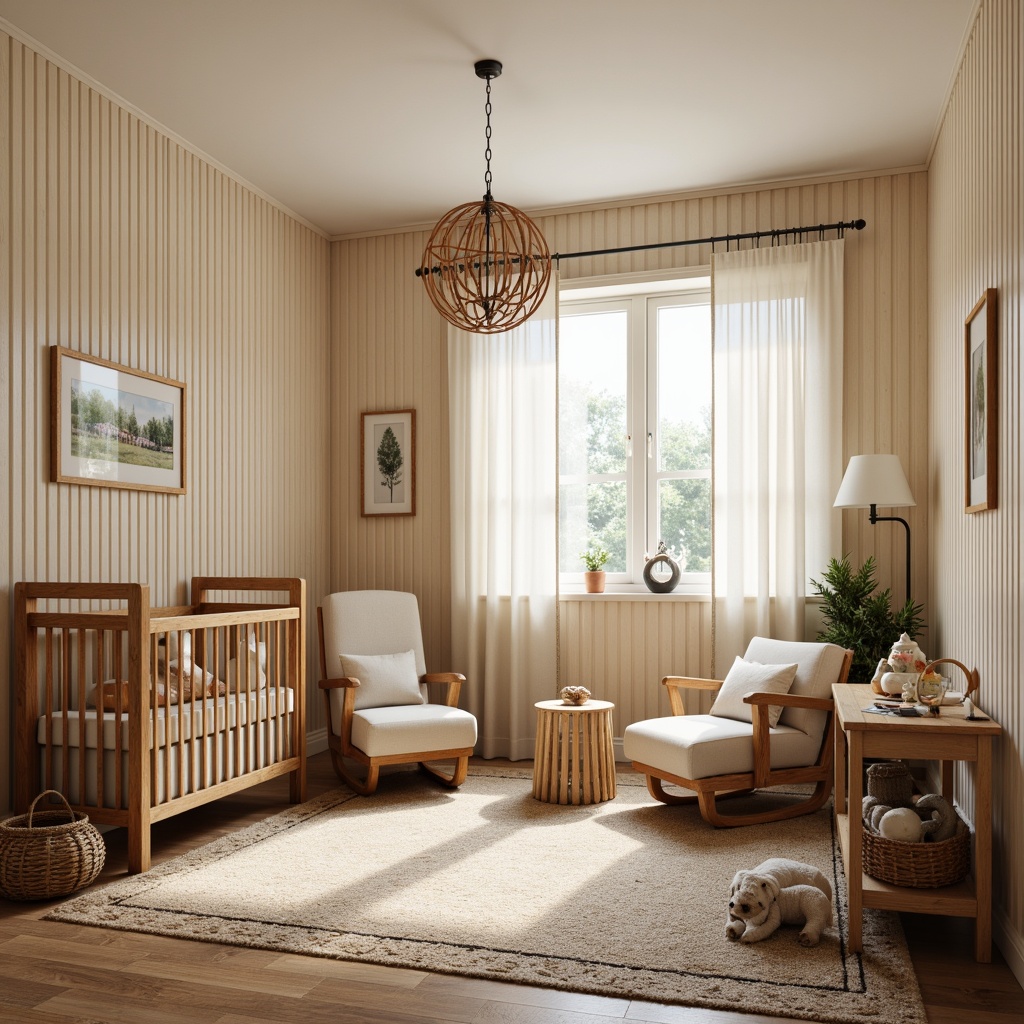 Prompt: Cozy nursery, warm wood tones, soft creamy whites, earthy browns, vintage craftsman details, wooden cribs, plush area rugs, natural fiber textures, woven baskets, antique metal fixtures, mellow task lighting, warm floor lamps, soft table lamps, rustic pendant lights, nature-inspired mobiles, organic fabrics, gentle pastel colors, serene atmosphere, shallow depth of field, 1/1 composition, realistic textures, ambient occlusion.