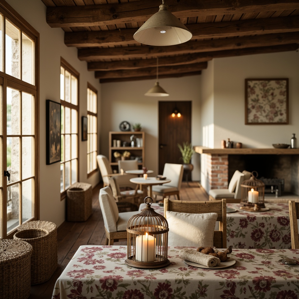 Prompt: Rustic French country interior, soft warm glow, candles in mercury glass holders, distressed wood chandeliers, pendant lanterns, linen shades, ironwork fixtures, cream-colored walls, wooden beams, stone fireplaces, vintage metalware, floral patterns, toile fabrics, natural fibers, woven baskets, earthy tones, morning sunlight, warm afternoon ambiance, 1/1 composition, shallow depth of field, realistic textures.