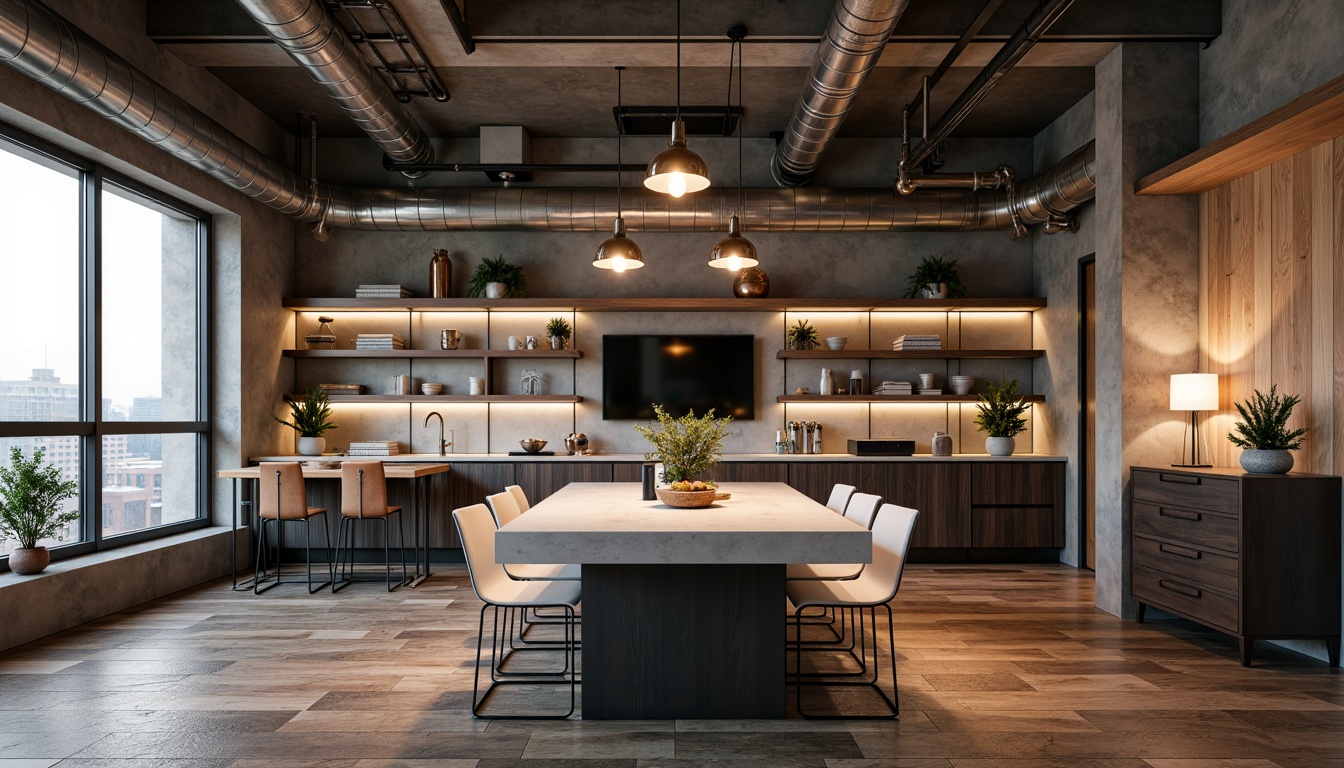 Prompt: Polished chrome accents, brushed copper details, matte black steel frames, sleek silver hardware, warm gold lighting fixtures, industrial-style exposed ductwork, minimalist concrete walls, modern urban loft atmosphere, reclaimed wood flooring, Edison bulb pendant lights, abstract geometric patterns, softbox LED lighting, 3/4 composition, shallow depth of field, panoramic view.