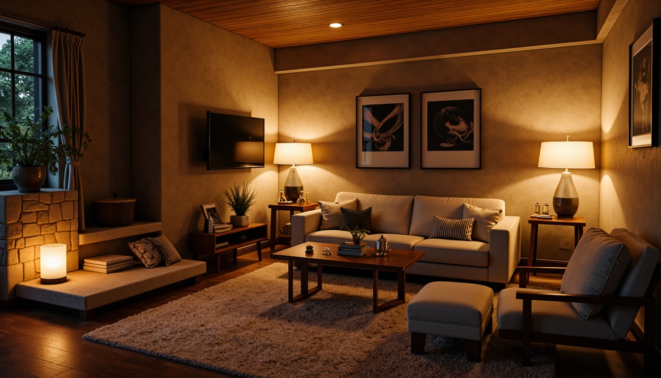 Prompt: Cozy living room, warm ambient lighting, floor lamps, table lamps, soft glowing pendant lights, textured walls, wooden furniture, plush carpeting, modern minimalist decor, calming color palette, natural materials, stone fireplace, comfortable seating areas, intimate atmosphere, warm golden lighting, shallow depth of field, 1/1 composition, realistic textures, subtle shadows.