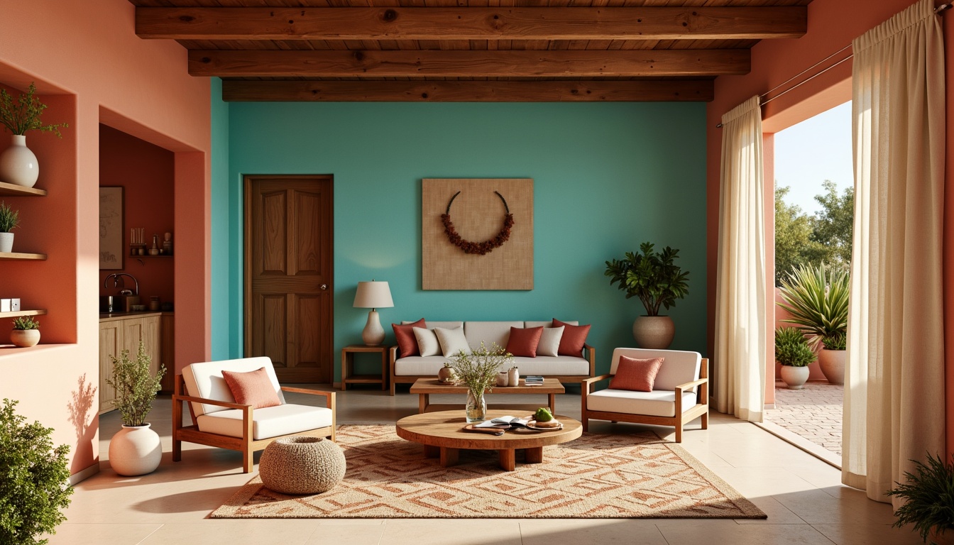 Prompt: Vibrant turquoise accents, earthy terracotta walls, warm sandy beige floors, rustic wooden furniture, woven textiles, geometric patterned rugs, natural linen drapes, soft sage greenery, pops of coral red, creamy white ceramics, desert-inspired botanicals, warm golden lighting, shallow depth of field, 1/2 composition, cinematic color grading.