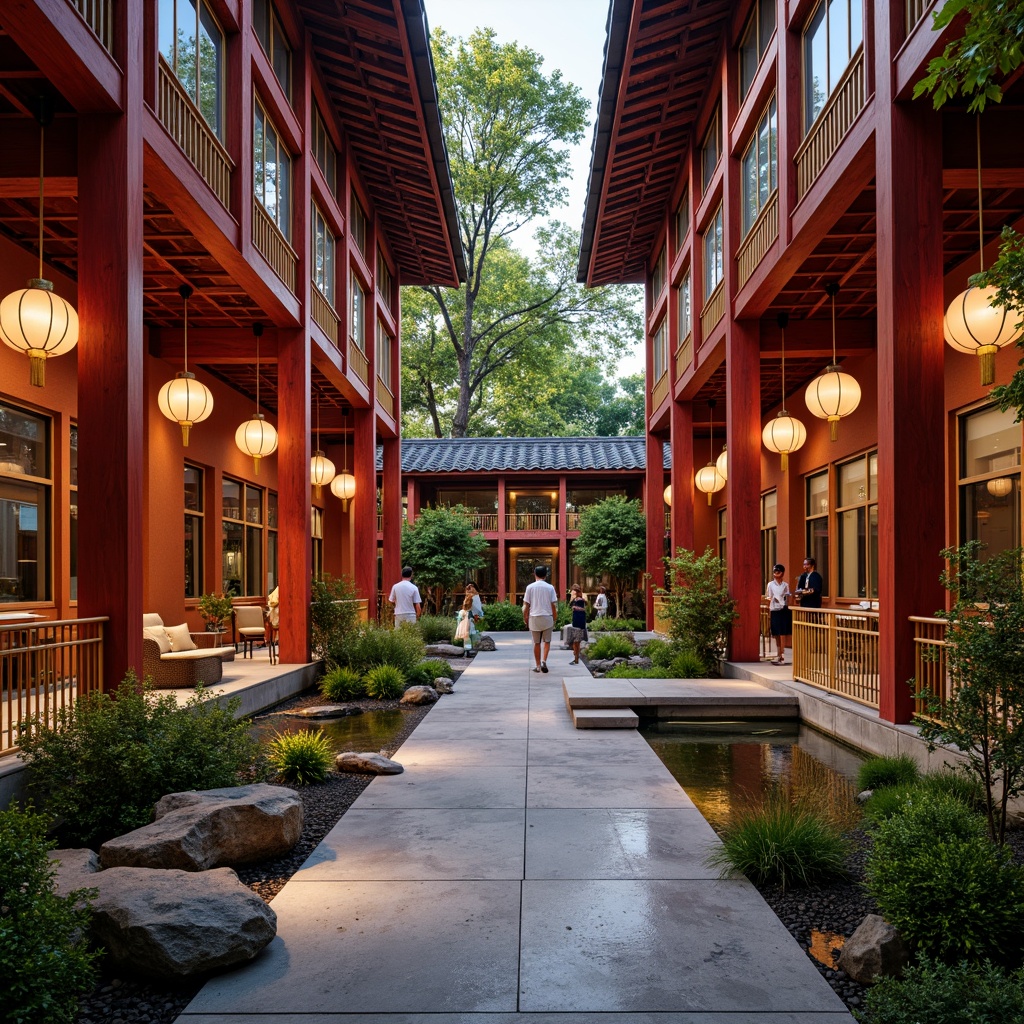 Prompt: Vibrant cultural pavilion, traditional Chinese pagoda-inspired architecture, intricately carved wooden accents, bold red columns, golden lanterns, majestic dragon sculptures, lush greenery, serene water features, natural stone pathways, modern LED lighting, shallow depth of field, 1/2 composition, symmetrical framing, warm softbox lighting, realistic textures, ambient occlusion.