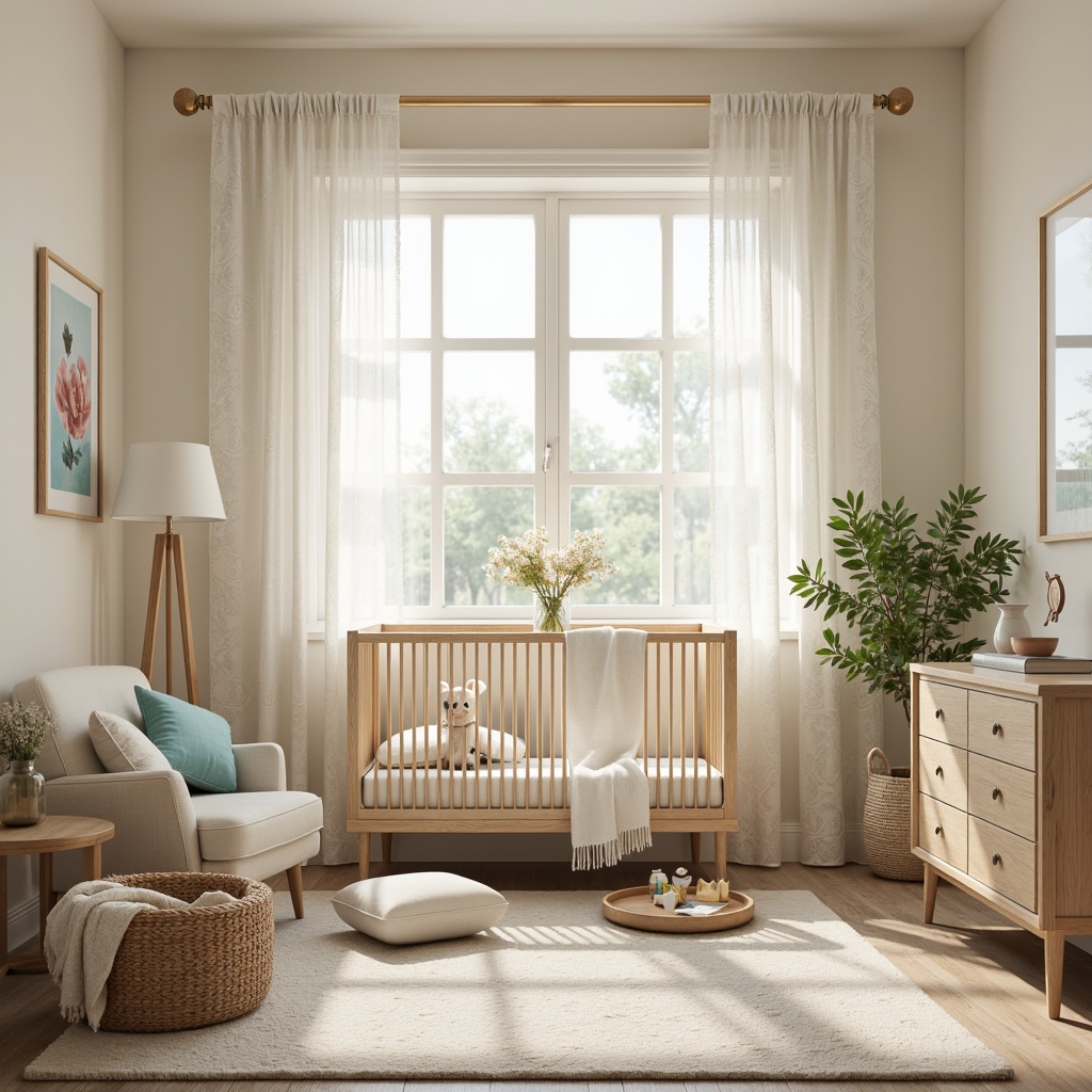 Prompt: Soft pastel nursery, calming atmosphere, gentle cream walls, warm beige furniture, pale blue accents, delicate white lace curtains, subtle wood grain textures, plush area rug, cozy reading nook, natural light pouring in, sheer curtains filtering sunlight, softbox lighting, 1/1 composition, intimate framing, realistic fabrics, ambient occlusion.