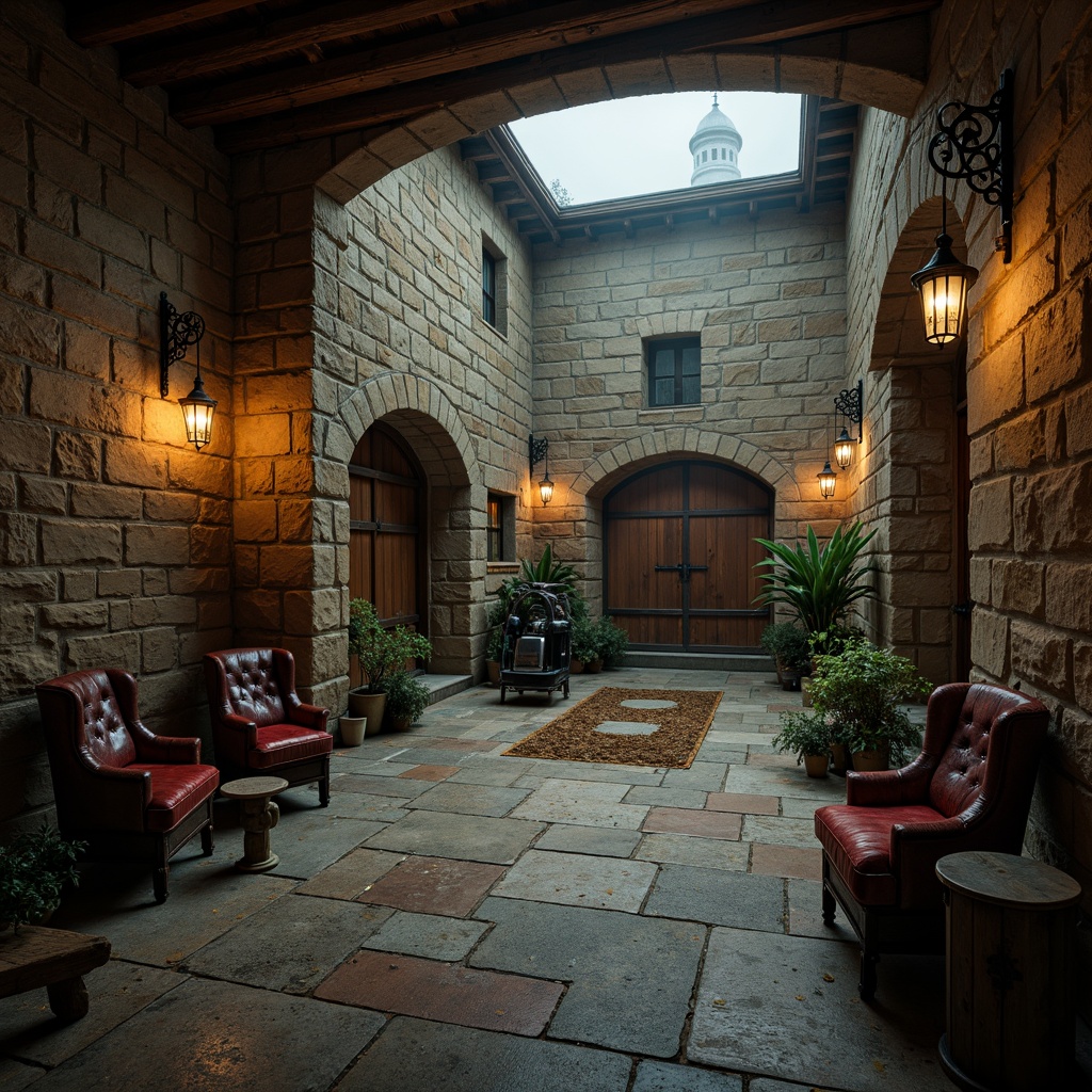 Prompt: Rustic monastery courtyard, distressed stone walls, worn wooden beams, metal lanterns, vintage machinery, reclaimed wood accents, exposed brick textures, industrial steel doors, dim warm lighting, atmospheric fog, cinematic shading, 1/2 composition, dramatic shadows, weathered concrete floors, ornate ironwork, mysterious ambiance, aged leather furnishings, rich velvet fabrics, intricate stone carvings.