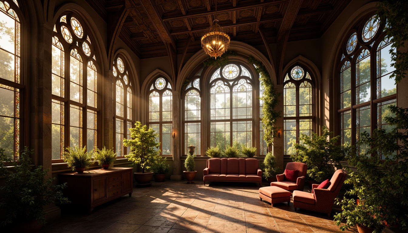 Prompt: Gothic sunroom, stained glass windows, ornate metalwork, intricate carvings, grand chandelier, warm golden lighting, soft diffused illumination, dramatic shadows, rich wood tones, luxurious velvet fabrics, mystical ambiance, romantic atmosphere, mystical forest surroundings, misty morning light, soft focus, 1/2 composition, cinematic mood.