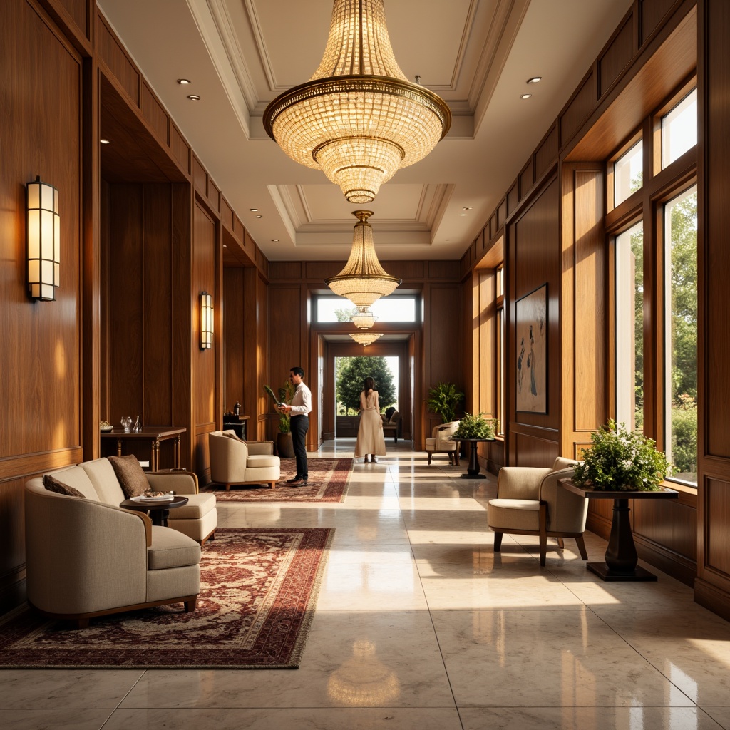 Prompt: Elegant hall, sophisticated chandeliers, lavish furnishings, rich wood tones, velvety soft carpets, creamy marble floors, warm beige walls, opulent gold accents, luxurious fabric textures, subtle sheen finishes, inviting warm lighting, 1/1 composition, shallow depth of field, realistic reflections, ambient occlusion.