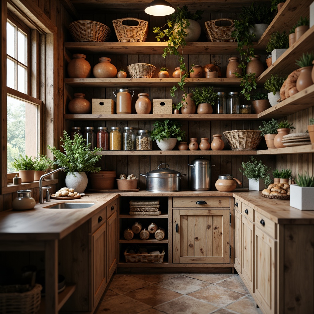 Prompt: Rustic pantry, distressed wooden shelves, vintage metal containers, woven wicker baskets, earthy terracotta pots, aromatic spices, fresh herbs, artisanal bread crates, reclaimed wood accents, soft warm lighting, cozy atmosphere, 3/4 composition, shallow depth of field, realistic textures, ambient occlusion.Let me know if you need any adjustments or if this meets your requirements!