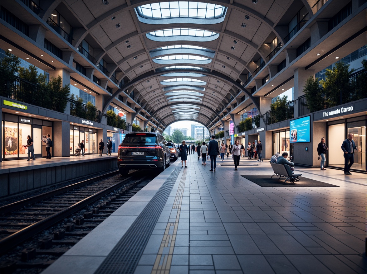 Prompt: Futuristic metro station, sleek modern architecture, high-ceilinged platforms, LED light installations, dynamic color changing effects, geometric patterned floors, stainless steel columns, minimalist benches, vibrant neon signs, urban cityscape views, busy commuter atmosphere, morning rush hour, soft warm lighting, shallow depth of field, 1/2 composition, realistic textures, ambient occlusion.