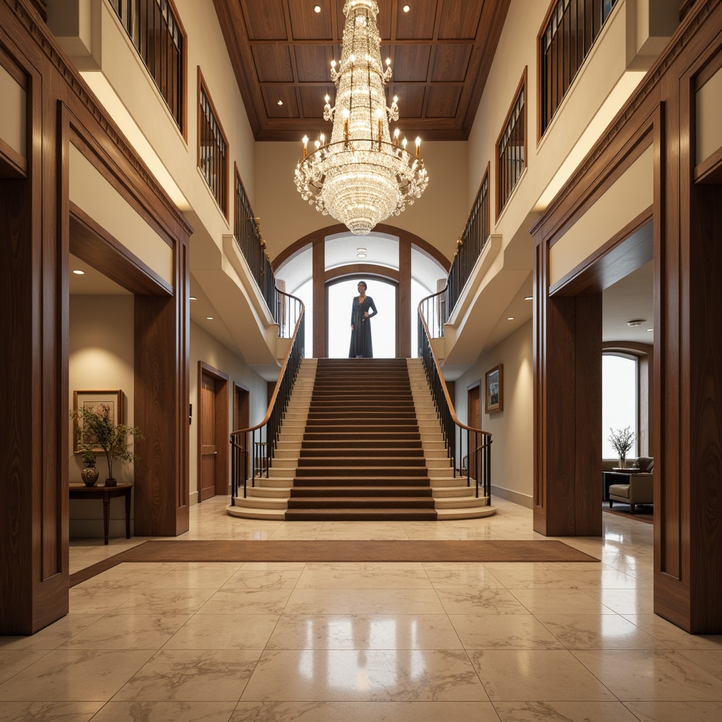 Prompt: Grand entrance hall, high ceiling, marble flooring, elegant staircase, crystal chandelier, luxurious carpeting, wooden paneling, subtle lighting, warm beige tones, classic architecture, spacious interior, ornate moldings, polished stone surfaces, dramatic archways, symmetrical composition, low-angle shot, soft focus, atmospheric perspective.