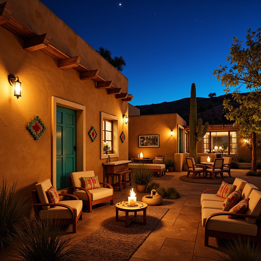 Prompt: Warm adobe architecture, earthy tones, rustic wooden accents, warm beige stucco walls, vibrant turquoise decorations, traditional Native American patterns, natural fiber textiles, woven baskets, warm candlelight, soft lantern lighting, ambient outdoor illumination, dramatic sunset views, high desert landscape, cacti silhouettes, starry night sky, warm golden lighting, low-key shadows, 1/2 composition, realistic textures, subtle depth of field.