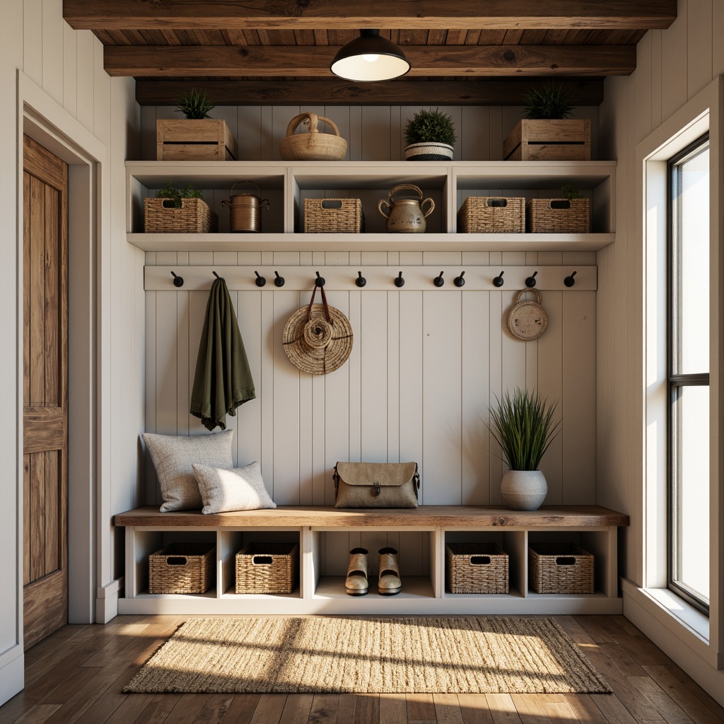 Prompt: Rustic farmhouse mudroom, reclaimed wood storage benches, woven wicker baskets, galvanized metal hooks, natural jute rugs, earthy color palette, vintage-inspired decorative accents, functional shelving units, wooden crates, industrial-style lighting fixtures, distressed wood textures, warm ambient lighting, shallow depth of field, 1/2 composition, realistic renderings, ambient occlusion.