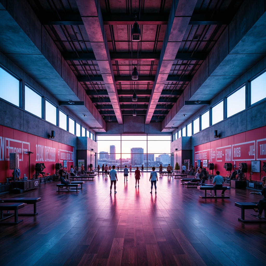 Prompt: High-ceilinged gymnasium, industrial-chic concrete walls, polished wooden floors, state-of-the-art exercise equipment, vibrant color scheme, dynamic LED lighting, soft warm glow, high-contrast shadows, 1/1 composition, shallow depth of field, realistic textures, ambient occlusion, energetic atmosphere, intense spotlights, cool blue tones, motivational quotes, futuristic neon accents, minimalist decor, sleek metal beams, modern architecture, urban cityscape view, sunny day, dramatic clouds, soft focus background.