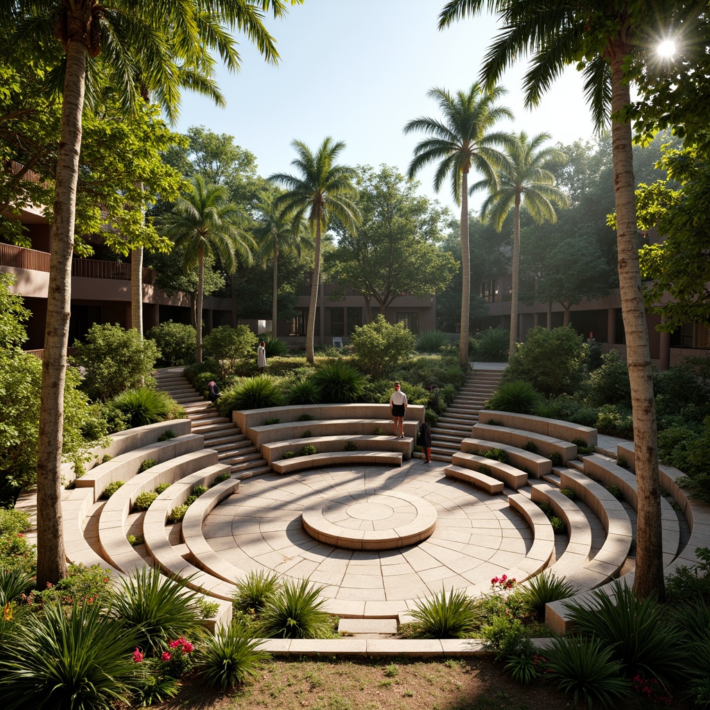 Prompt: Tropical amphitheater, lush greenery, vibrant flowers, natural stone seating, wooden accents, open-air design, circular layout, elevated stage, palm tree canopy, sunny day, soft warm lighting, shallow depth of field, 3/4 composition, panoramic view, realistic textures, ambient occlusion, curved lines, organic shapes, earthy tones, woven textiles, rattan furniture, nature-inspired patterns.