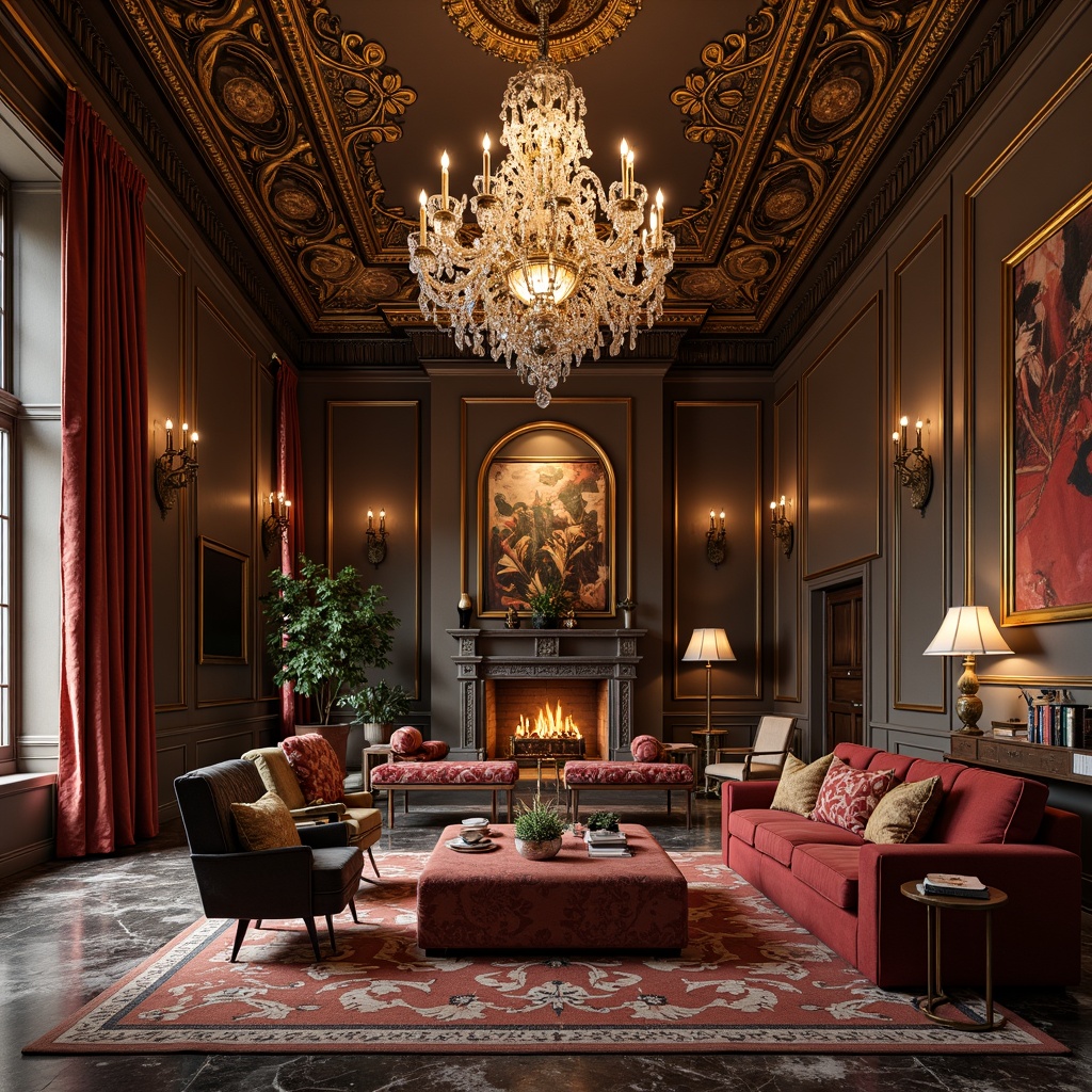 Prompt: Luxurious living room, ornate furnishings, velvet drapes, crystal chandeliers, gilded frames, intricately carved wooden panels, marble flooring, rich textiles, jewel-toned accent walls, dramatic ceiling designs, opulent fabrics, lavish decorative accessories, warm golden lighting, soft focus, shallow depth of field, 1/1 composition, intimate atmosphere, realistic reflections, ambient occlusion.