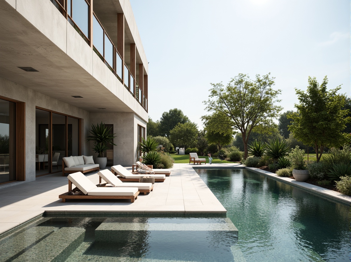 Prompt: Simple concrete pool deck, minimalistic lounge chairs, sleek glass railings, open space ambiance, natural light reflections, calm water surface, gentle ripples, subtle water features, modern minimalist architecture, clean lines, monochromatic color scheme, abundant greenery, potted plants, wooden accents, warm sunny day, soft diffused lighting, shallow depth of field, 3/4 composition, realistic textures, ambient occlusion.