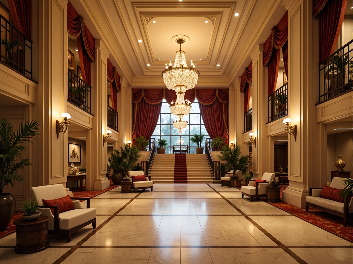 Prompt: Elegant hotel lobby, crystal chandeliers, ornate sconces, bronze lanterns, luxurious drapery, velvet fabrics, rich wood paneling, intricate moldings, grand staircases, polished marble floors, classic columns, warm beige tones, soft warm lighting, ambient glow, layered lighting effects, symmetrical composition, 1/1 aspect ratio, realistic reflections, detailed textures.