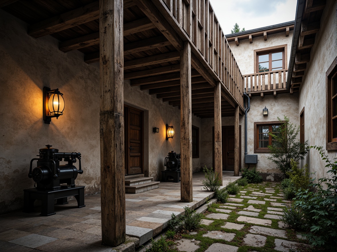 Prompt: Rustic monastery architecture, distressed stone walls, worn wooden beams, metal lanterns, vintage machinery, industrial pipes, rough-hewn stone floors, moss-covered courtyard, overcast sky, warm soft lighting, high contrast, shallow depth of field, 2/3 composition, realistic textures, ambient occlusion.