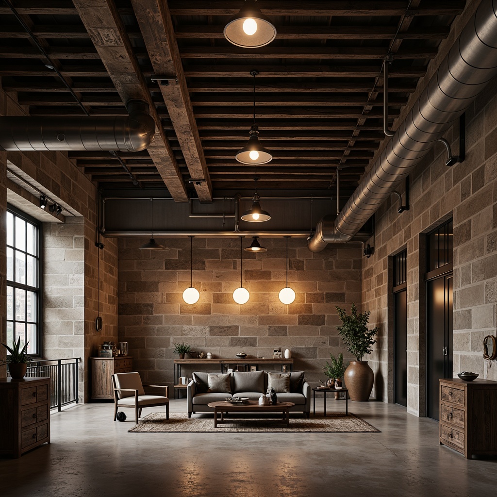 Prompt: Industrial warehouse, exposed ductwork, metal beams, concrete floors, functional lighting fixtures, pendant lamps, metal shades, Edison bulbs, reclaimed wood accents, distressed finishes, urban loft atmosphere, warm ambient lighting, soft shadows, 1/1 composition, realistic textures, subtle color grading.