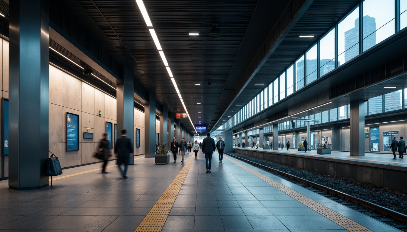 Prompt: Underground train station, sleek modern architecture, minimalist design, clean lines, industrial materials, stainless steel columns, glass ceilings, subtle lighting accents, soft warm glow, LED strips, recessed luminaires, ambient shadows, gentle color temperatures, calming atmosphere, urban bustle, morning commute, natural stone flooring, polished metal handrails, simple signage, functional layout, efficient traffic flow, futuristic ambiance, high-contrast ratios, dramatic spotlights, 3/4 composition, realistic textures, shallow depth of field.