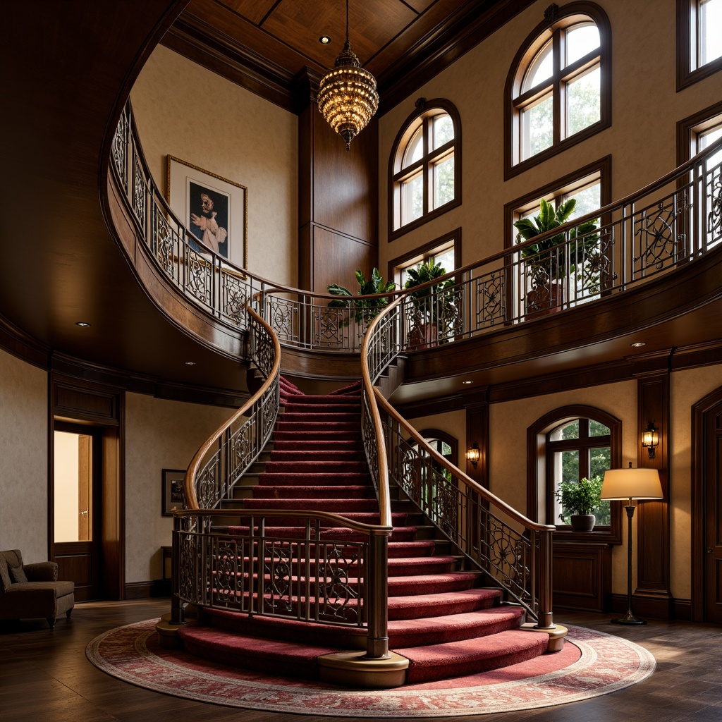 Prompt: Intricate ironwork banisters, ornate wooden handrails, elegant spiral staircases, luxurious carpeted steps, refined bronze fixtures, sophisticated geometric patterns, lavish crystal chandeliers, opulent velvet upholstery, majestic high ceilings, grand foyer spaces, dramatic curved lines, romantic warm lighting, soft focus blur, 1/2 composition, atmospheric rendering, highly detailed textures.