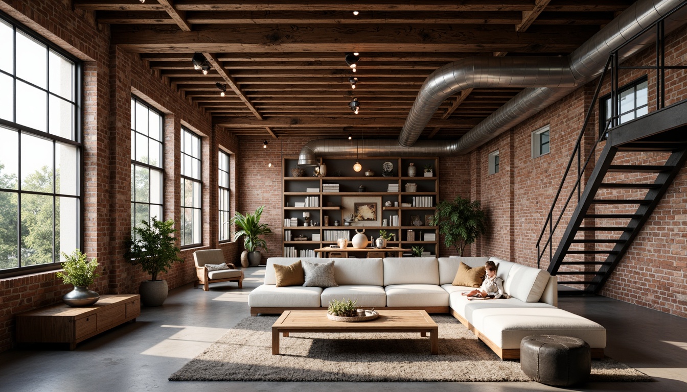 Prompt: Exposed brick walls, reclaimed wooden beams, industrial-chic metal accents, modern minimalist decor, open-plan living space, high ceilings, urban loft atmosphere, natural light pouring in, large windows, concrete floors, metallic staircase, Edison bulb lighting, rustic wooden furniture, vintage decorative items, distressed finishes, earthy color palette, cozy reading nooks, functional storage spaces, eclectic art pieces, abstract sculptures, dramatic shadows, low-key ambient lighting, 1/1 composition, shallow depth of field.