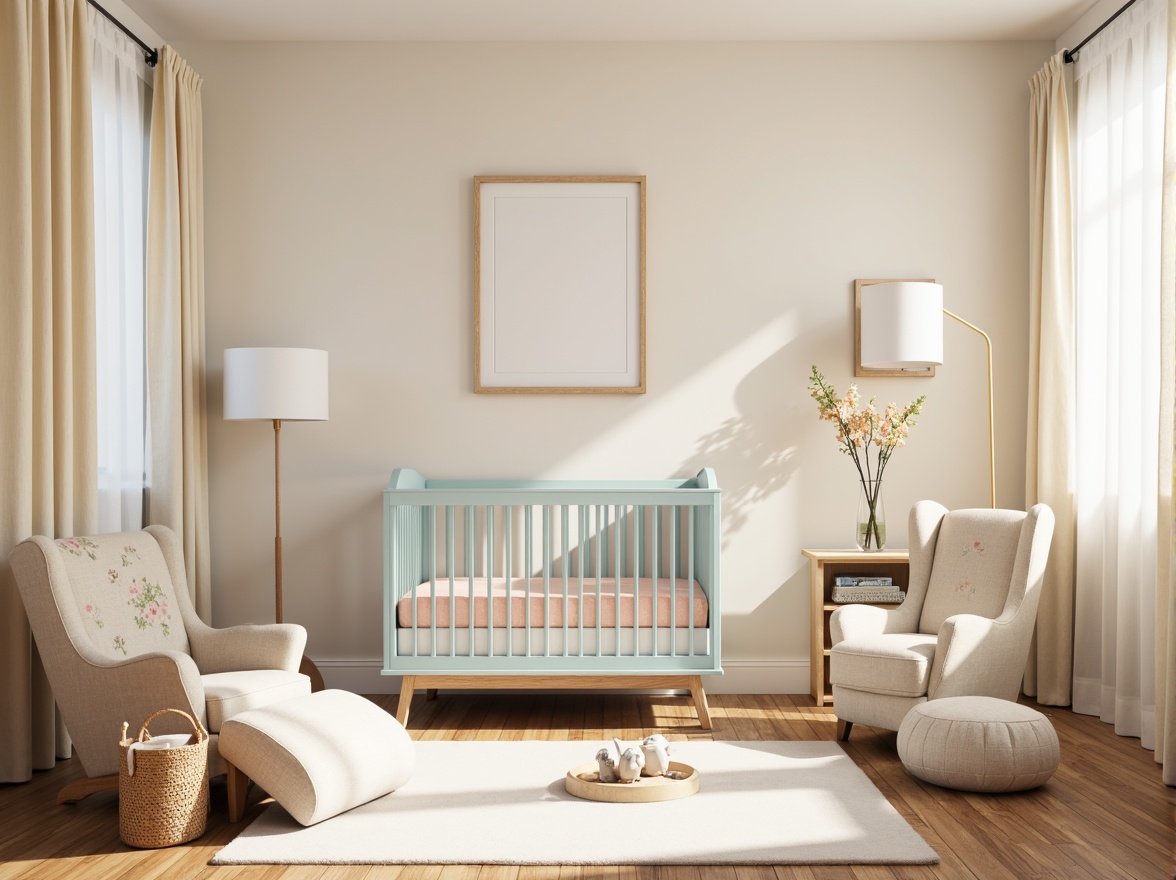 Prompt: Soft pastel nursery, gentle cream walls, pale blue crib, warm beige furniture, delicate floral patterns, soft peach accents, creamy white curtains, natural wood flooring, subtle texture contrasts, calming atmosphere, warm sunny day, shallow depth of field, 1/1 composition, realistic textures, ambient occlusion.