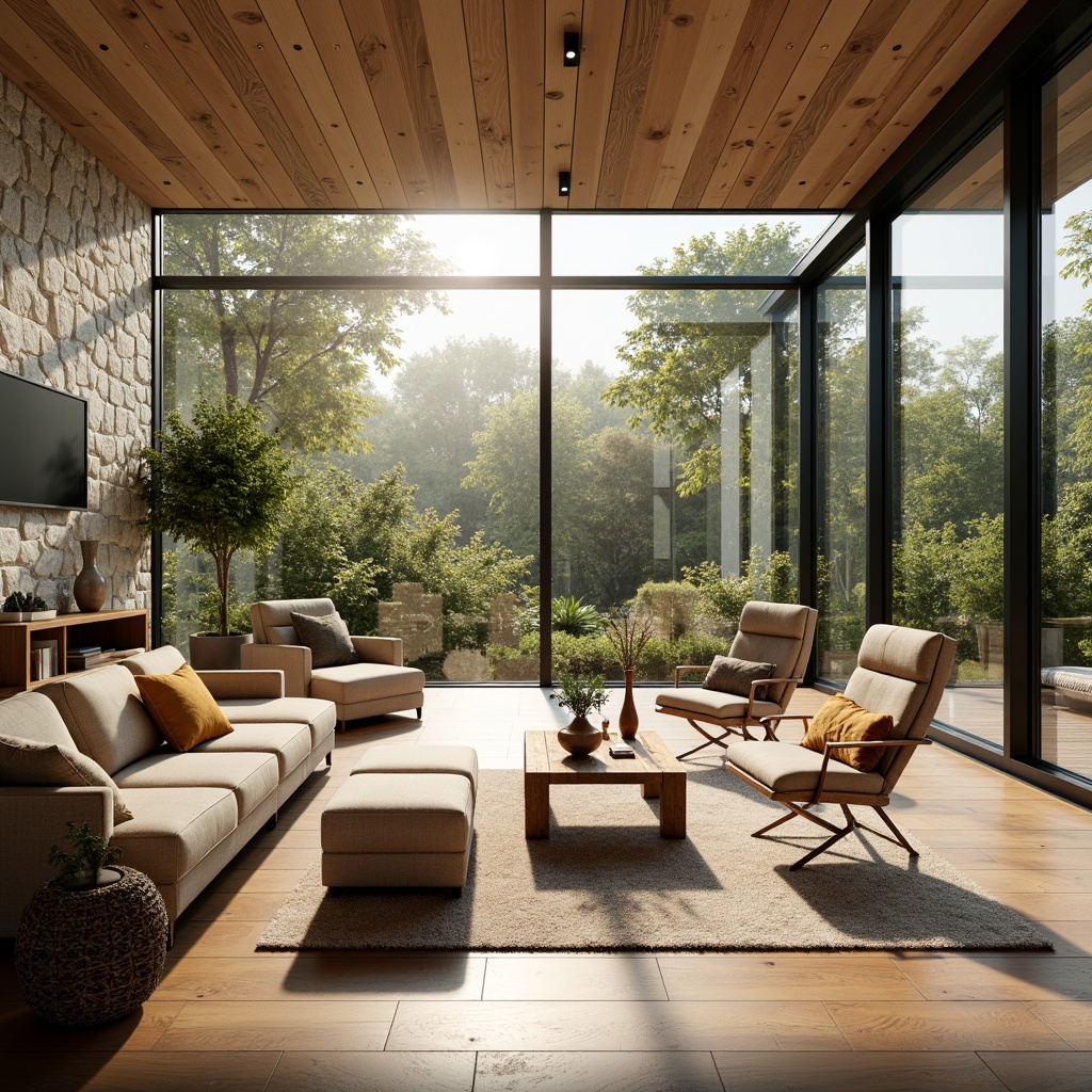 Prompt: Vibrant living room, large windows, sliding glass doors, natural stone walls, wooden flooring, minimal ornamentation, bright airy atmosphere, soft warm lighting, shallow depth of field, 3/4 composition, panoramic view, realistic textures, ambient occlusion.