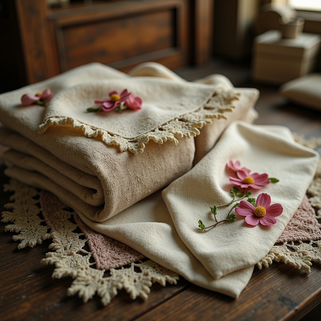 Prompt: Distressed vintage fabrics, soft pastel hues, floral patterns, lace trimmings, ruffled edges, velvet textures, ornate embroidery, rustic linen, faded denim, antique brocade, worn leather, aged wood accents, warm golden lighting, soft focus, shallow depth of field, 1/1 composition, intimate setting.