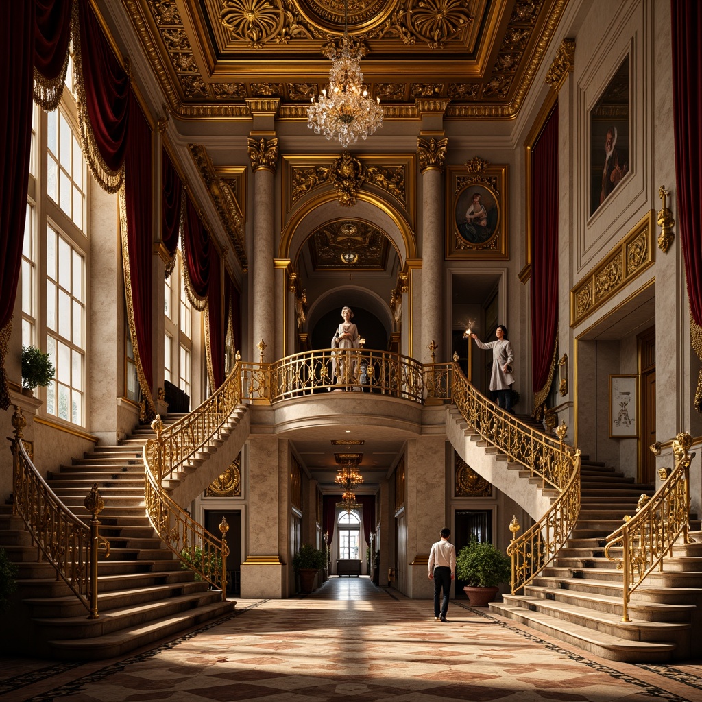 Prompt: Opulent Baroque palace, grandiose staircases, ornate gilded details, metallic accents, bronze statues, intricately carved stone walls, lavish chandeliers, crystal droplets, rich velvet drapes, majestic archways, symmetrical composition, warm golden lighting, dramatic shadows, high contrast ratio, 1/2 composition, atmospheric perspective, realistic reflections, detailed textures.