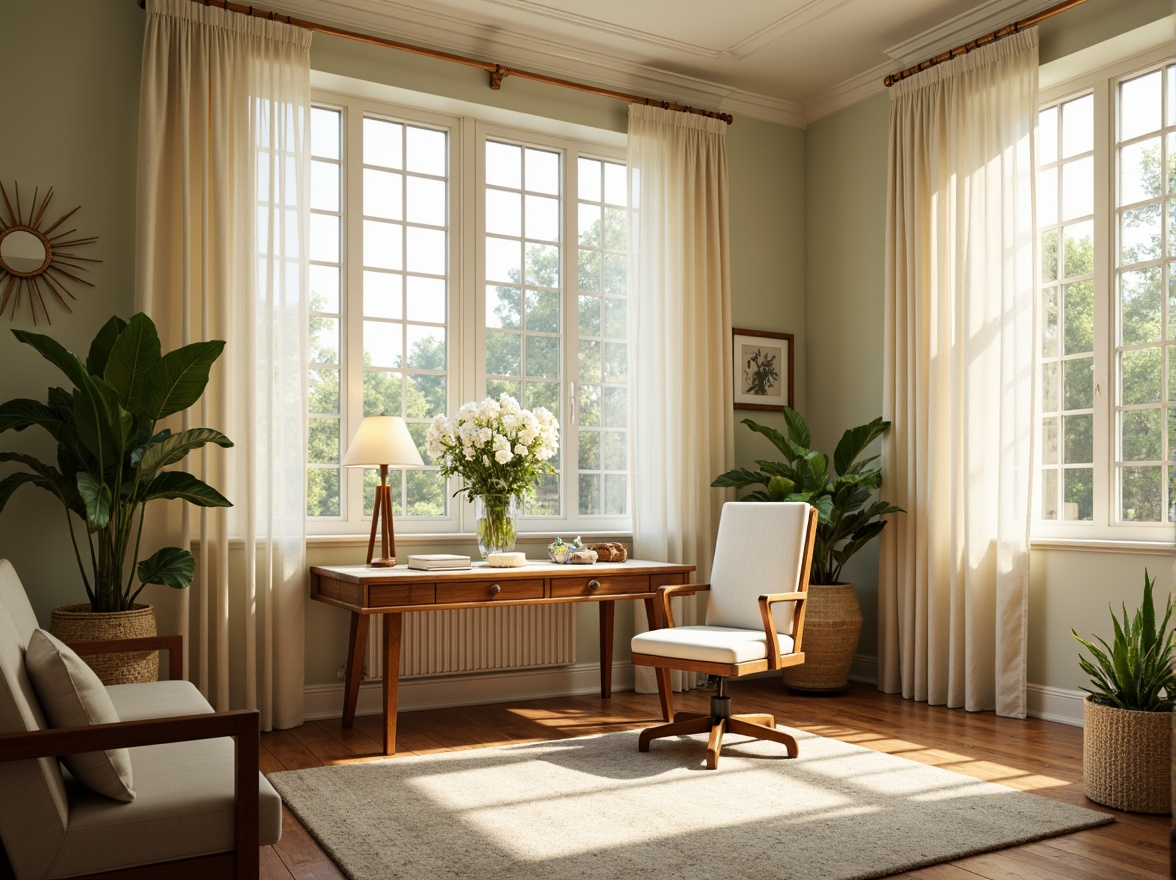 Prompt: Cozy home office, warm wooden desk, comfortable ergonomic chair, large windows, soft diffused natural light, subtle shadows, calming color scheme, pastel shades, gentle cream tones, blooming plants, greenery walls, minimalistic decor, organized workspace, task lighting, floor lamps, sheer curtains, delicate fabric textures, serene atmosphere, shallow depth of field, 1/1 composition, warm sunny day.