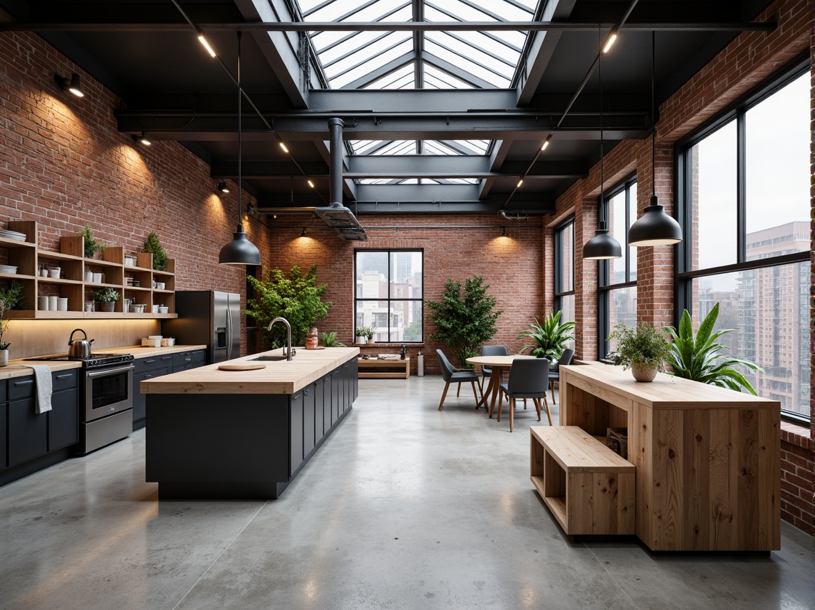 Prompt: Exposed brick walls, industrial metal beams, polished concrete floors, minimalist kitchen islands, raw wood countertops, stainless steel appliances, pendant lighting fixtures, reclaimed wood accents, open shelving units, natural stone backsplashes, matte black faucets, industrial-style sinks, urban loft atmosphere, abundant natural light, overhead skylights, airy feel, 1/1 composition, softbox lighting, realistic textures, ambient occlusion.