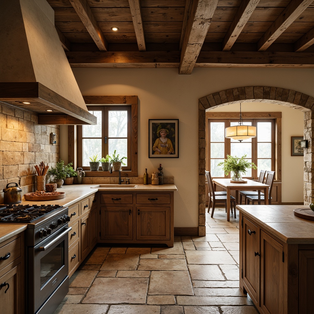 Prompt: Rustic kitchen, natural stone countertops, earthy tones, warm wooden cabinets, distressed finishes, vintage appliances, ornate metal hardware, farmhouse sink, butcher block island, pendant lighting, woven textiles, cozy breakfast nook, warm beige walls, soft natural light, shallow depth of field, 2/3 composition, inviting atmosphere, realistic textures.