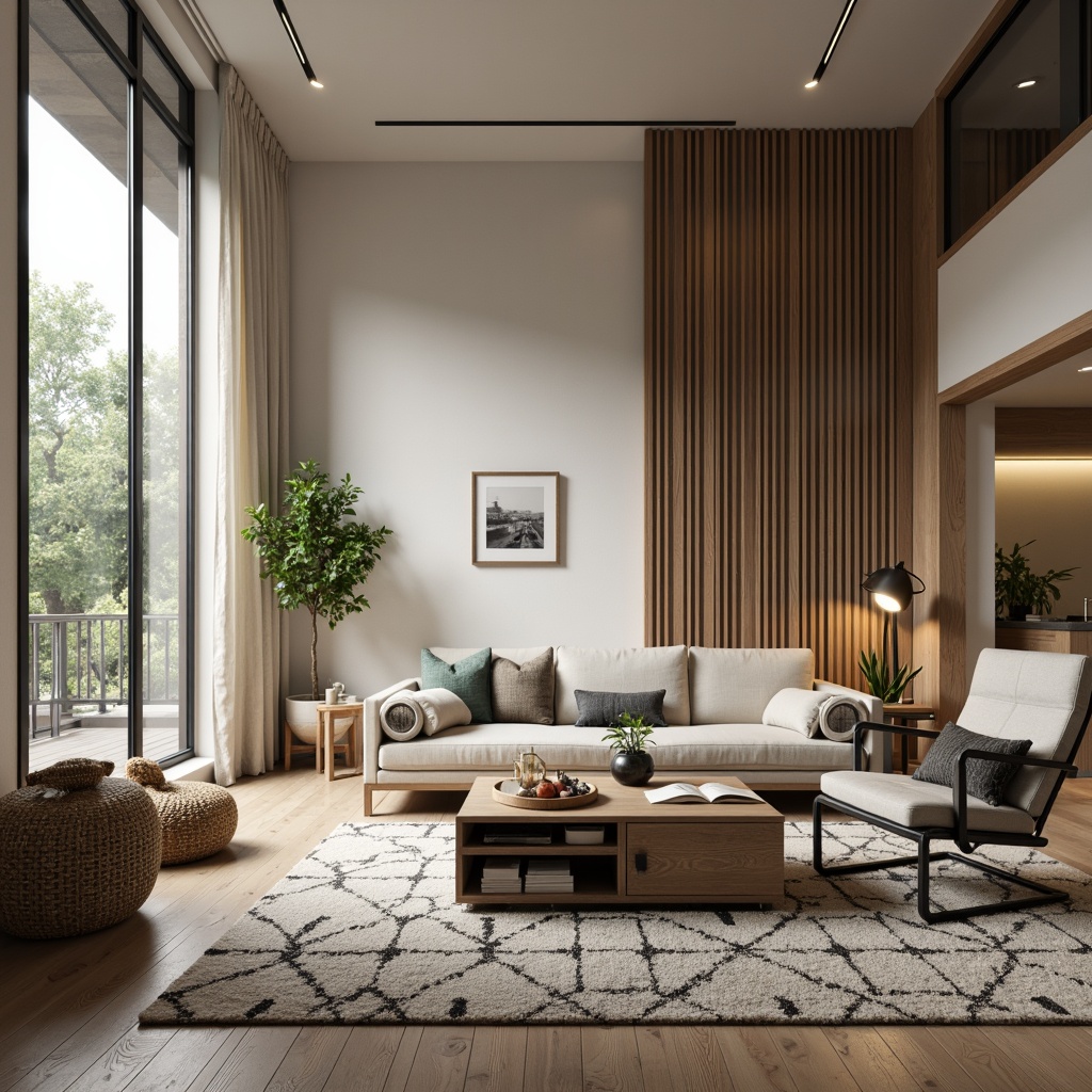 Prompt: Modern minimalist living room, sleek low-profile sofa, ergonomic lounge chair, coffee table with storage, industrial metal legs, reclaimed wood accents, neutral color palette, task lighting, floor-to-ceiling windows, natural textiles, geometric patterned rug, optimized furniture layout, functional decor, cozy reading nook, ambient warm lighting, shallow depth of field, 1/1 composition, realistic textures.