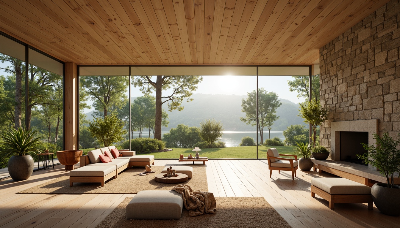 Prompt: Vibrant living room, large windows, sliding glass doors, natural stone walls, wooden floors, minimalist decor, greenery views, morning sunlight, soft warm lighting, shallow depth of field, 3/4 composition, panoramic view, realistic textures, ambient occlusion.