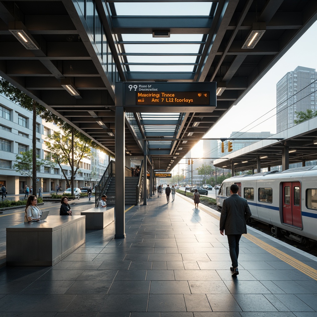 Prompt: Clean train station, minimalistic architecture, modern signage, sleek wayfinding systems, intuitive navigation, clear directions, simple color scheme, stainless steel fixtures, glass balustrades, open spaces, natural light, subtle branding, informative displays, real-time schedules, interactive kiosks, geometric patterns, urban ambiance, morning commute, soft warm lighting, shallow depth of field, 1/1 composition, realistic textures, ambient occlusion.