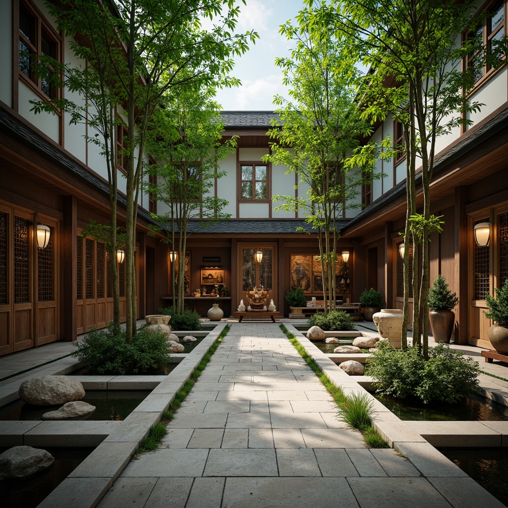 Prompt: Serene traditional Asian courtyard, lush green bamboo, tranquil water features, intricately carved wooden doors, ornate lanterns, cultural artifact displays, natural stone flooring, warm wood tones, subtle aromas of incense, soft diffused lighting, shallow depth of field, 1/1 composition, intimate panoramic view, realistic textures, ambient occlusion, Asian-inspired patterns, vibrant colorful textiles, delicate ceramic vases, intricately designed wooden panels.