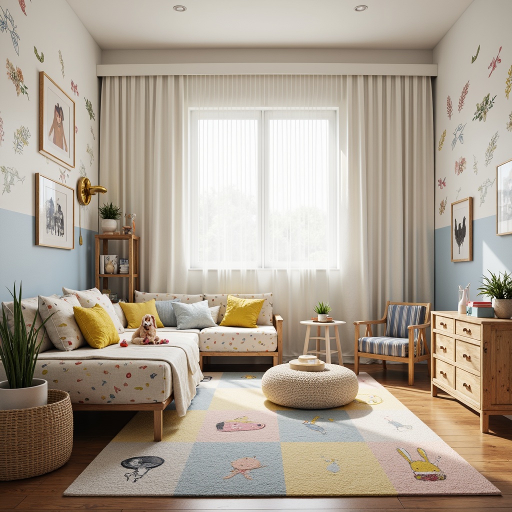 Prompt: Cozy kid's bedroom, plush carpets, soft pastel colors, gentle fabrics, whimsical patterns, adorable cartoon characters, vibrant textiles, comfortable bean bags, fluffy pillows, creamy whites, soothing blues, warm yellows, rustic wood furniture, modern minimalist decor, abundant natural light, sheer curtains, playful polka dots, sweet florals, kid-friendly materials, stain-resistant treatments, easy maintenance, safe and non-toxic, colorful storage bins, fun wall decals, lively 3D models, realistic textures, ambient occlusion.