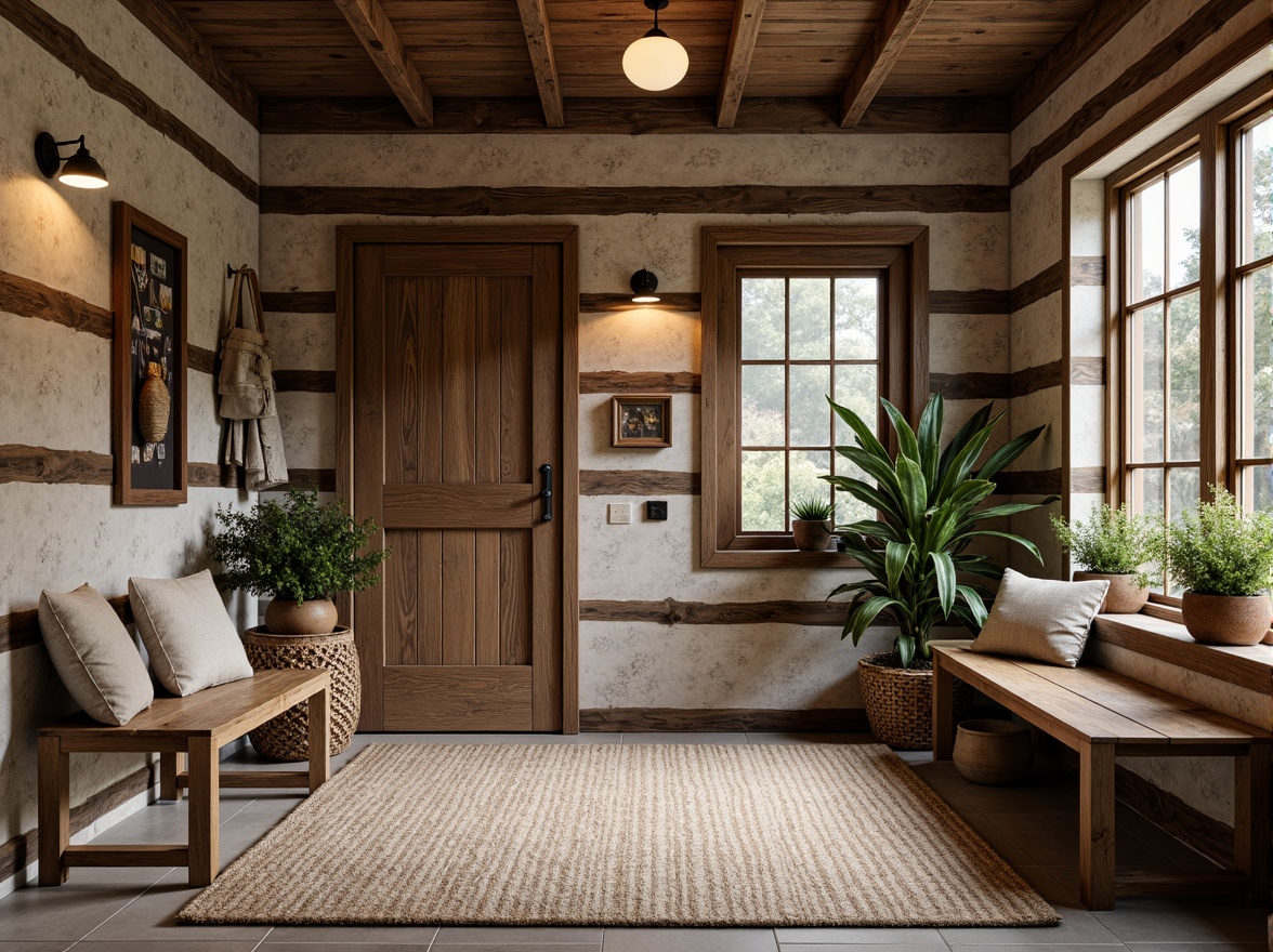 Prompt: Rustic mudroom, farmhouse style, distressed wood accents, reclaimed barnwood flooring, worn stone tiles, natural fiber rugs, earthy color palette, vintage metal decor, exposed brick walls, rustic wooden benches, woven baskets, potted plants, warm soft lighting, shallow depth of field, 1/2 composition, realistic textures, ambient occlusion.