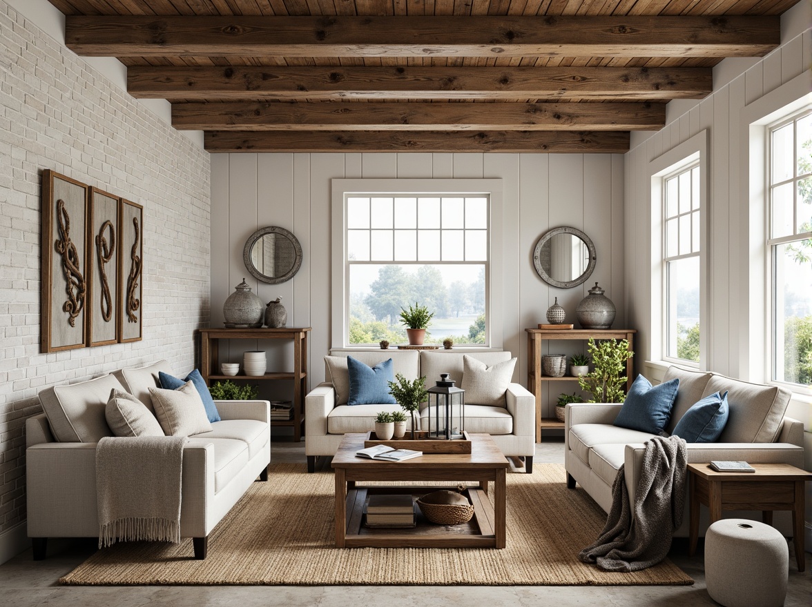 Prompt: Rustic wooden furniture, distressed finishes, vintage nautical accents, woven sea grass baskets, driftwood decorative pieces, soft linen upholstery, natural cotton fabrics, jute rugs, reclaimed wood coffee tables, galvanized metal lanterns, porthole-style mirrors, whitewashed brick walls, exposed beams, shiplap paneling, ocean-inspired color palette, calming blue hues, sandy neutrals, weathered wood tones, warm ambient lighting, cozy reading nooks, plush throw blankets, nautical-themed accessories, vintage fishing nets, sea glass vases, natural fiber textiles.