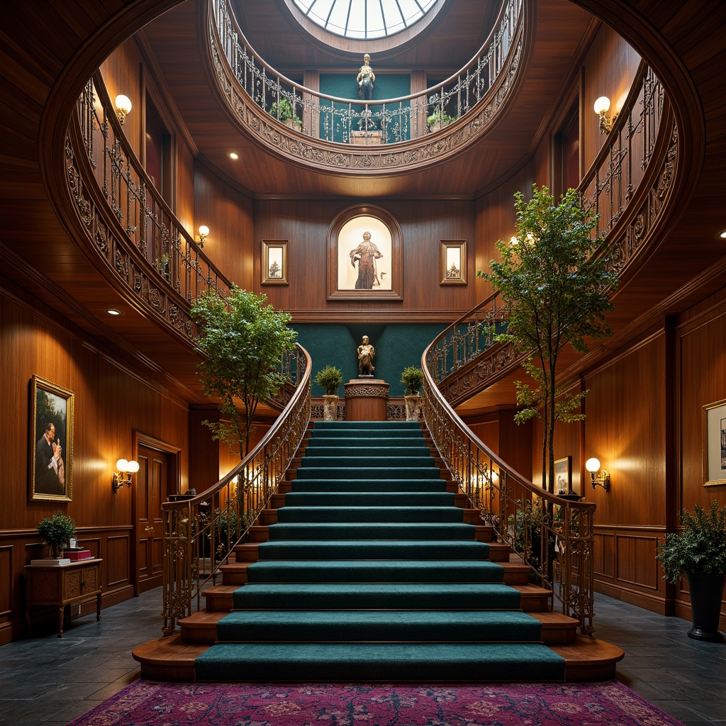 Prompt: \Opulent staircase, curved lines, flowing organic shapes, ornate metalwork, rich wood tones, warm golden lighting, intricate carvings, velvety soft upholstery, jewel-toned accents, emerald green, sapphire blue, amethyst purple, bronze fixtures, delicate filigree, luxurious textiles, soft focus, atmospheric perspective, 1/1 composition, dramatic shadows, ornate newel posts, elegant banisters.\