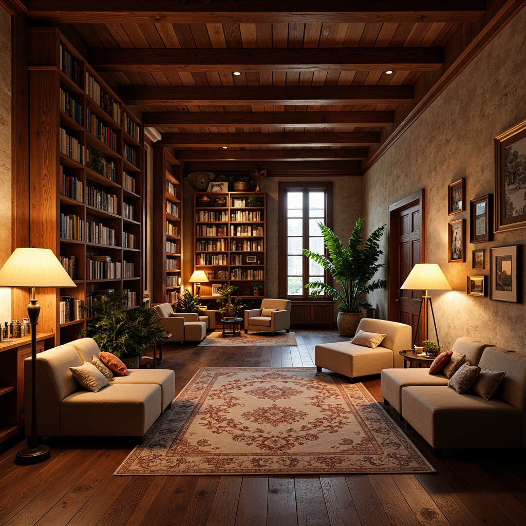 Prompt: Warm wooden shelves, comfortable reading nooks, plush carpets, soft cushions, vintage lamps, warm golden lighting, table lamps, floor lamps, cozy corners, natural stone walls, wooden ceiling beams, large windows, diffused natural light, warm color tones, rich wood textures, comfortable seating areas, quiet atmosphere, peaceful ambiance, soft background music, 1/2 composition, shallow depth of field, realistic renderings.