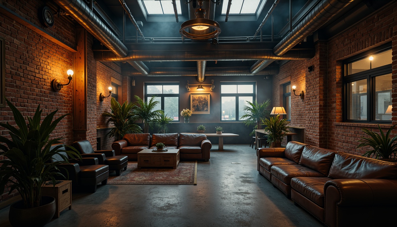 Prompt: Exposed brick walls, metal beams, reclaimed wood accents, vintage factory lights, distressed leather furniture, industrial-style decor, concrete floors, urban loft atmosphere, moody dim lighting, dramatic shadows, 1/2 composition, cinematic angle shots, gritty textures, atmospheric fog effect.