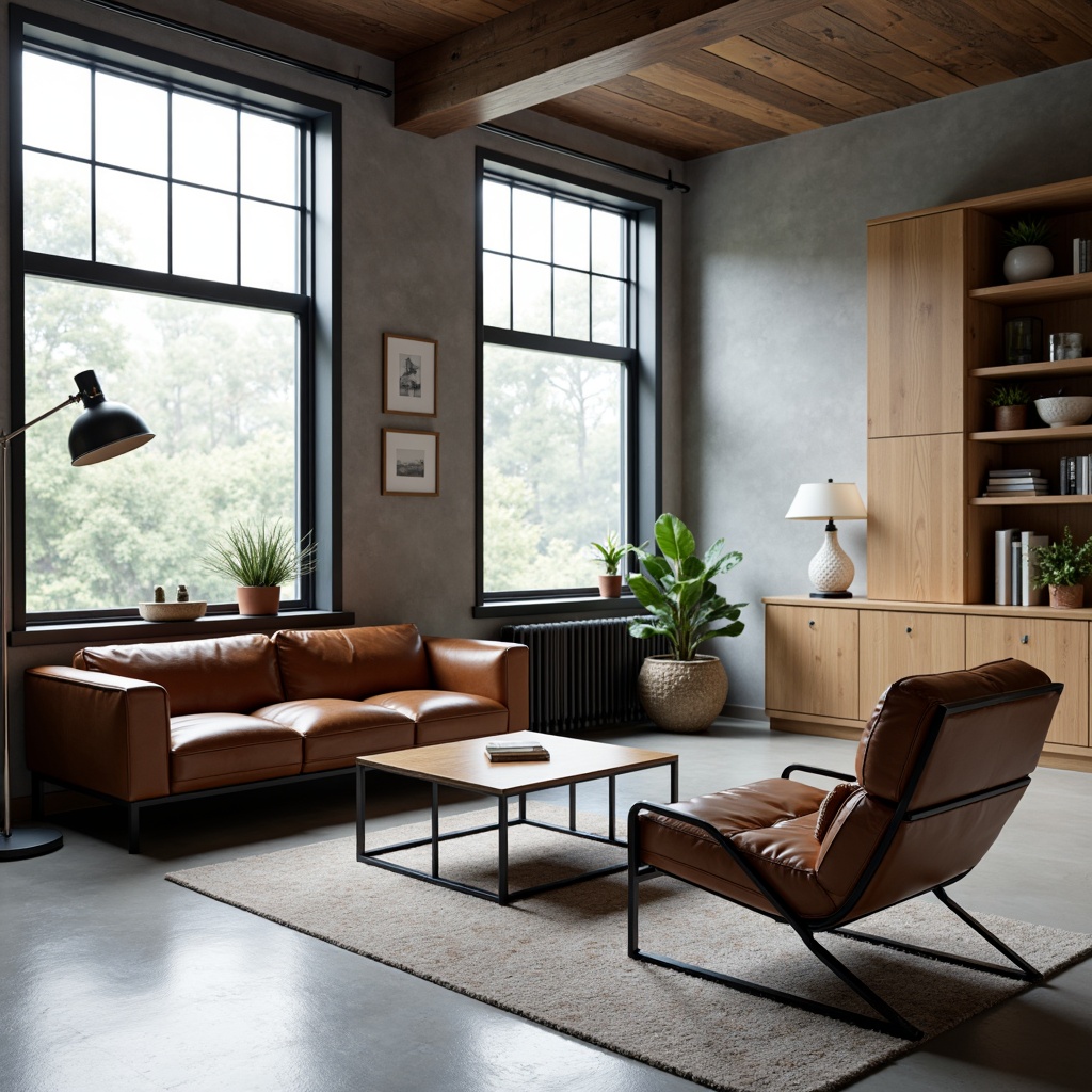 Prompt: Minimalist living room, functional furniture, tubular steel frames, leather cushions, geometric shapes, monochromatic color scheme, industrial materials, sleek lines, adjustable lamps, built-in shelving, wooden accents, Bauhaus-inspired decor, urban loft atmosphere, natural light pouring in, low-key lighting, shallow depth of field, 1/1 composition, realistic textures, ambient occlusion.