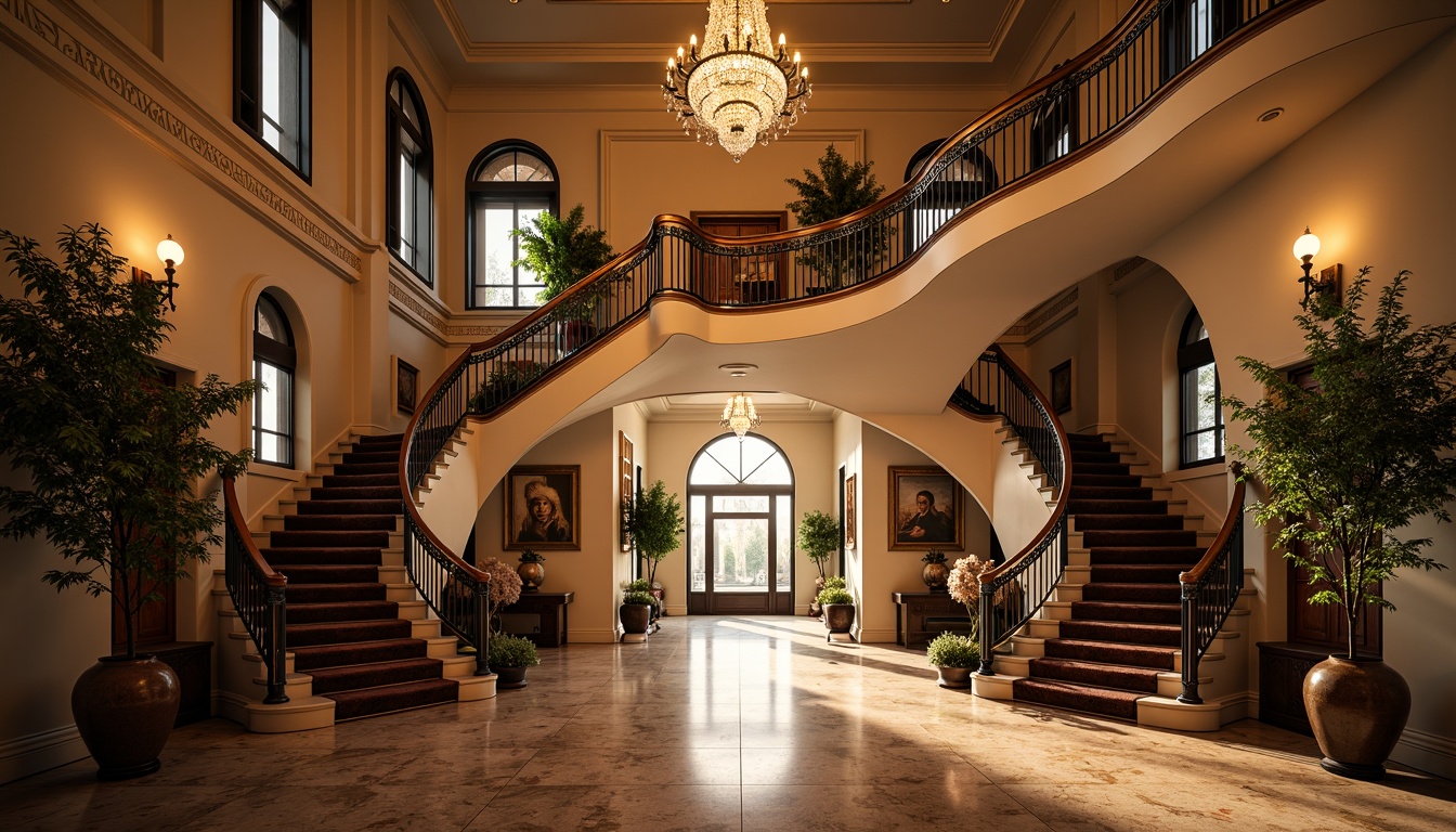 Prompt: Intricate staircase, ornate metal banisters, carved wooden railings, grand entrance hall, high ceilings, crystal chandeliers, luxurious carpets, marble floors, elegant curves, sweeping arches, regal ambiance, warm golden lighting, soft shadows, 1/2 composition, shallow depth of field, realistic textures, ambient occlusion.