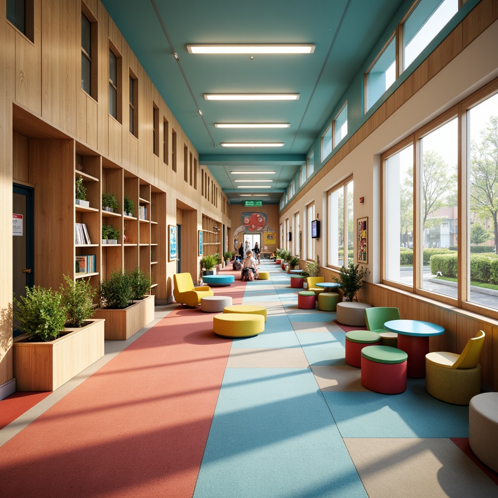 Prompt: Vibrant elementary school, playful corridors, textured walls, colorful lockers, educational murals, wooden accents, natural light, open classrooms, collaborative learning spaces, ergonomic furniture, rounded corners, safety railings, acoustic ceilings, soft carpeting, circular tables, pencil-shaped columns, whimsical lighting fixtures, cheerful color schemes, engaging display boards, interactive whiteboards, cozy reading nooks, flexible seating arrangements, lively atmosphere, shallow depth of field, 3/4 composition, realistic textures, ambient occlusion.