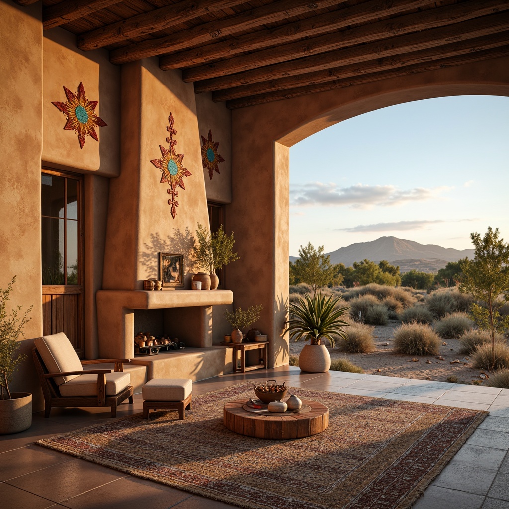 Prompt: Adobe earth-toned stucco walls, rustic wooden accents, turquoise inlays, vibrant Native American patterns, woven textiles, natural fiber rugs, warm sandy floors, distressed wood beams, vintage desert landscapes, clear blue skies, dramatic sunsets, soft warm lighting, shallow depth of field, 1/1 composition, realistic textures, ambient occlusion.