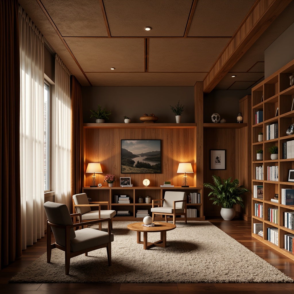 Prompt: Cozy reading nook, sound-absorbing panels, soft plush carpets, warm wooden bookshelves, comfortable ergonomic chairs, quiet floor lamps, calming color scheme, natural wood accents, minimalist decor, noise-reducing curtains, peaceful ambiance, indirect soft lighting, 1/1 composition, shallow depth of field, realistic textures, ambient occlusion.