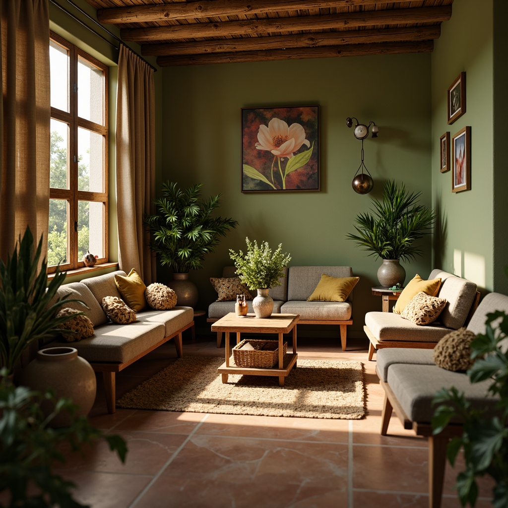 Prompt: Earthy olive green walls, natural terracotta flooring, warm beige accents, rustic wooden furniture, vintage metal decorations, lush potted plants, soft golden lighting, cozy throw blankets, plush cushions, earthy scents, intimate seating areas, relaxed atmosphere, 1/1 composition, soft focus, warm color grading, natural textures, subtle depth of field.