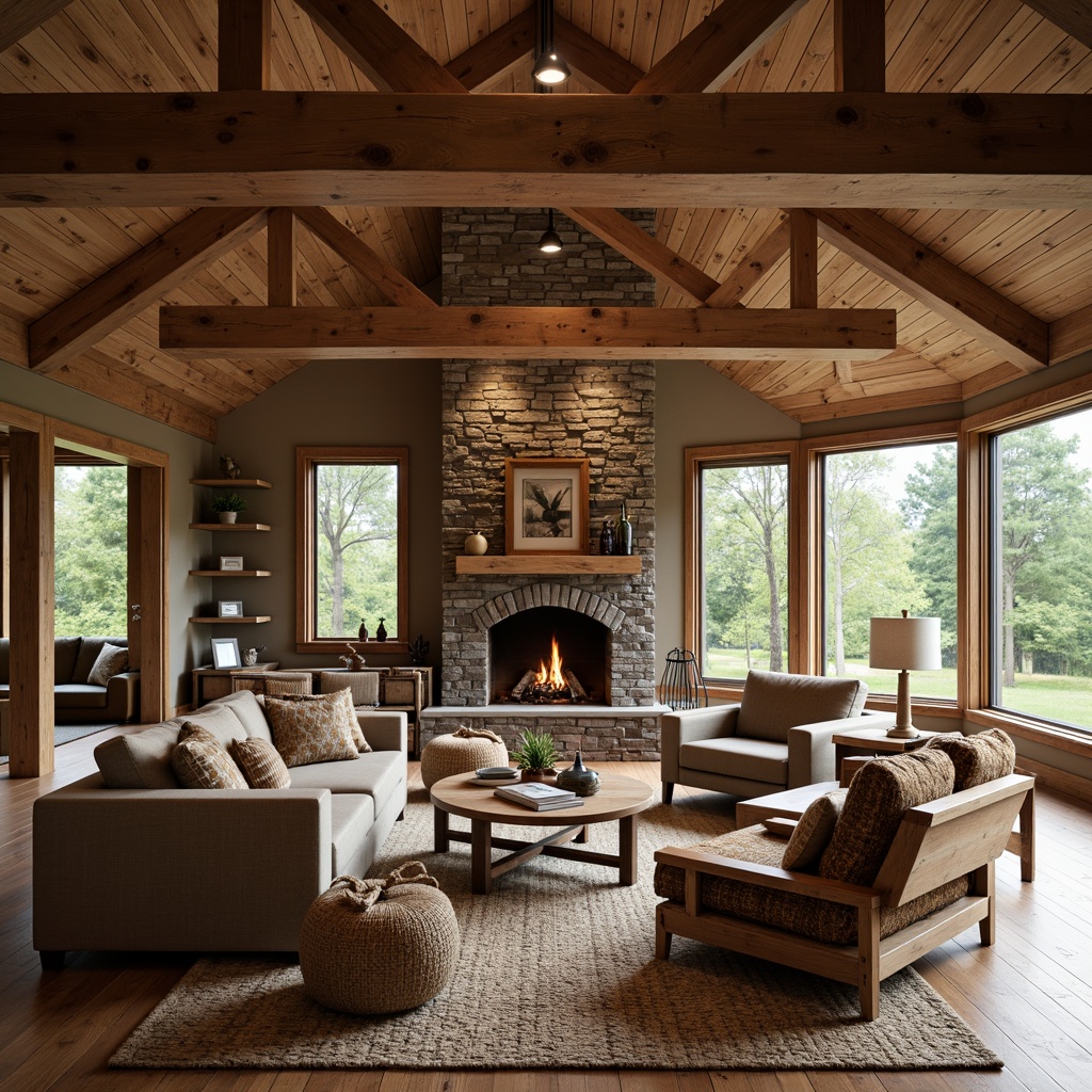 Prompt: Cozy great room, open floor plan, craftsman style, wooden beams, exposed ductwork, stone fireplace, comfortable seating area, natural textiles, earthy color palette, large windows, abundant natural light, rustic wooden furniture, woven baskets, pendant lighting, built-in shelving, plush area rug, warm ambient lighting, 1/1 composition, shallow depth of field, realistic wood textures.